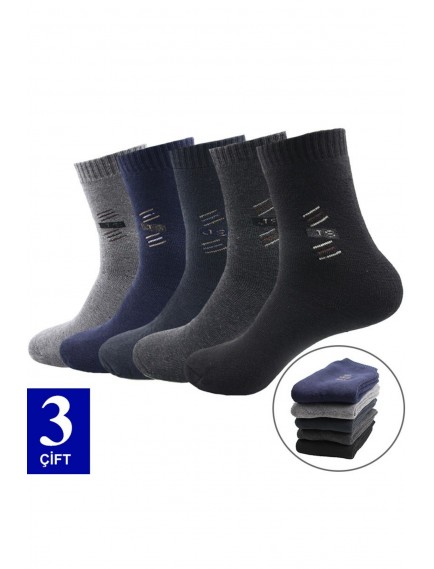 3 Çift Kışlık Dikişli Ekonomik Pamuklu Desenli Erkek Soket Havlu Çorap