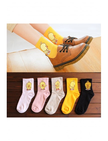 5 Çift Dikişsiz Renkli Civciv Desenli Yarım Konç Kadın Kolej Çorap