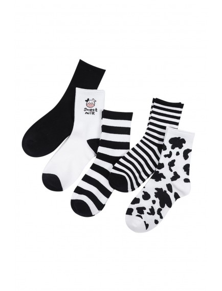 Kadın 5 Çift Siyah Beyaz Inek Desenli Çizgili Tenis Çorabı