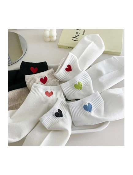 7 Çift Yarım Konç Kalp Desenli Beyaz Unisex Kolej Tenis Çorap