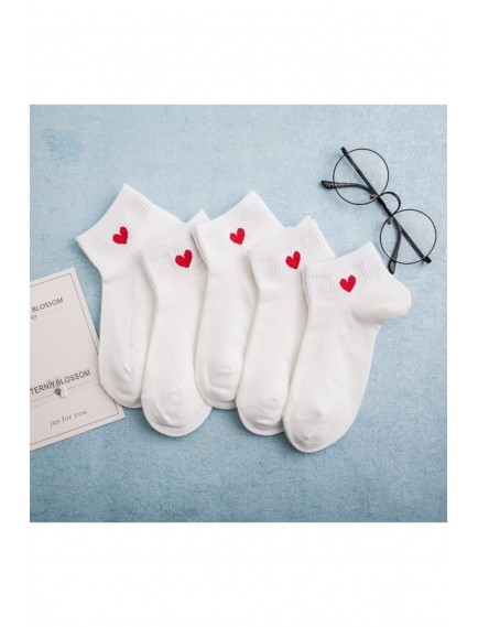 5 Çift Beyaz Kalp Desenli Yarım Konç Kadın Çorap