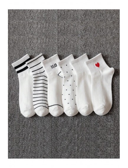 6 Çift Yarım Konç Kalp Desenli Beyaz Unisex Kolej Tenis Çorap