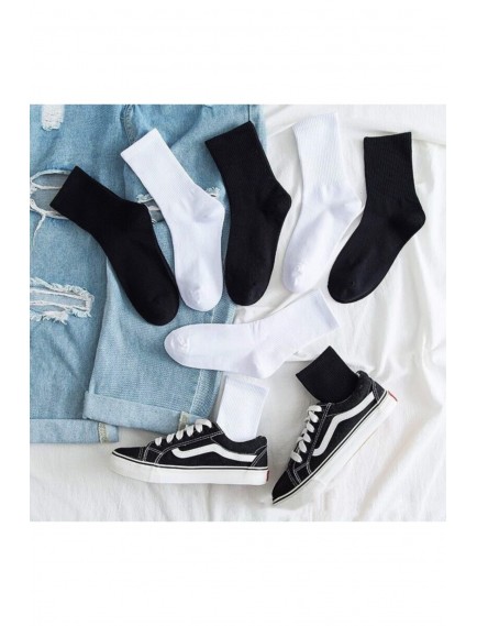 6' Lı Paket Siyah+beyaz Çizgisiz Pamuklu Kolej Tenis Çorap