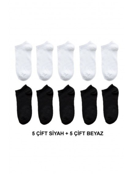 Kadın 10 Çift Koton Ekonomik Siyah + Beyaz Renk Patik Çorap