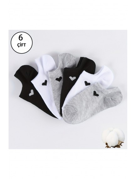 12 Çift Kalp Desenli Kadın Çok Renkli Görünmez Sneaker Çorap