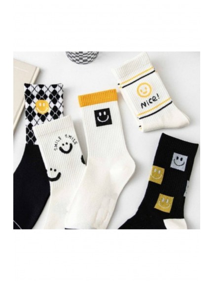 12 Çift Gülümseyen Desenli Kadın Çok Renkli Kolej / Tenis Çorap