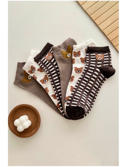 12 Çift Sevimli Teddy Desenli Kadın Çok Renkli Yarım Konç Çorap