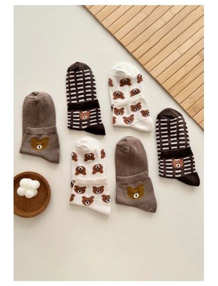12 Çift Sevimli Teddy Desenli Kadın Çok Renkli Yarım Konç Çorap