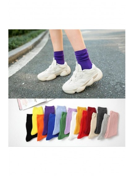 12 Çift Çok Renkli Çizgisiz Pamuklu Kolej Tenis Çorap