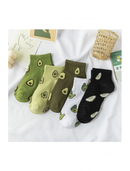 5 Çift Kadın Yıkamalı Avokado Desenli Yarım Konç Patik