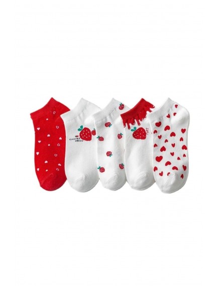 5 Çift Kalp / Çilek Desenli Renkli Kadın Patik Çorap