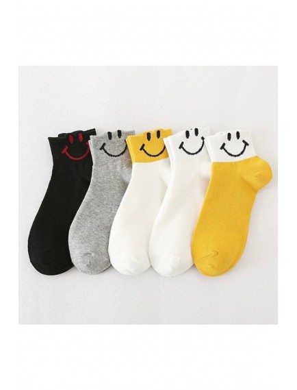 Kadın Çok Renkli Yarım Konç Gülen Yüz İfadeli Çorap 5 Çift