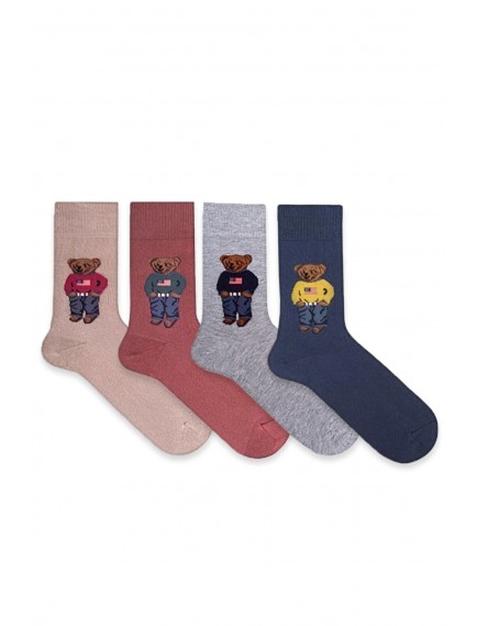 4 Çift Teddy Bear Desenli Çok Renkli Kadın Soket Çorap