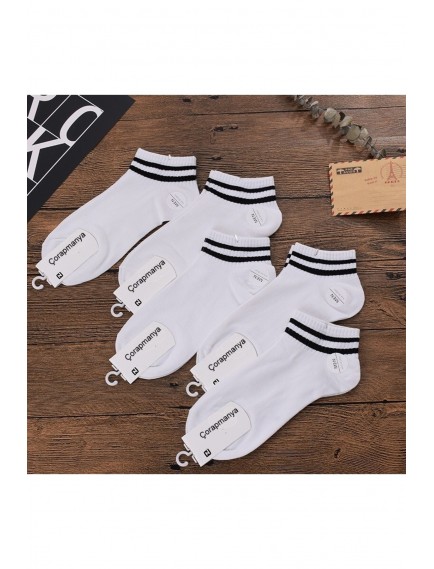 5 Çift Beyaz Yarım Konç Çizgili Kadın Çorap