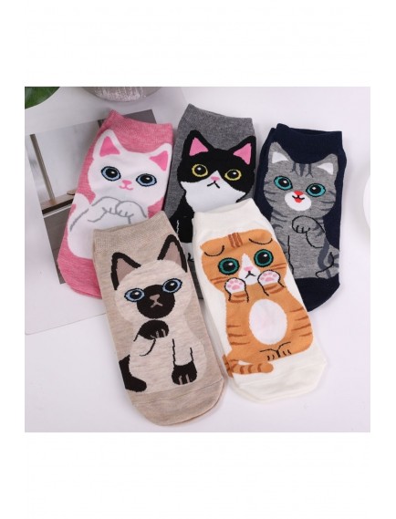 5 Çift Sevimli Çok Renkli Kedi Karikatür Desenli Kadın Patik Çorap