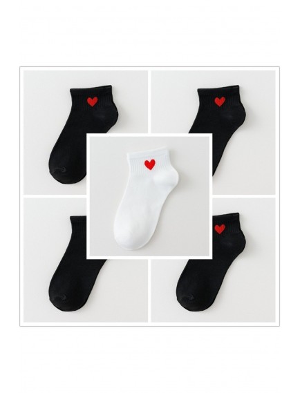 4 Siyah 1 Beyaz Kalp Desenli Yarım Konç Kolej Tenis Çorap
