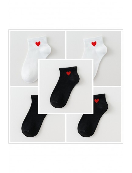 3 Siyah 2 Beyaz Kalp Desenli Yarım Konç Kolej Tenis Çorap