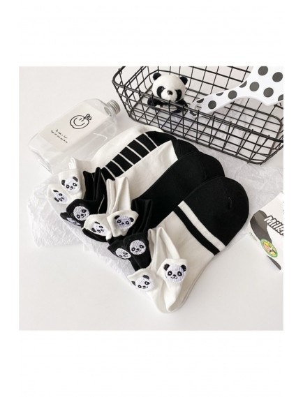 Kadın 5 Çift Siyah ve Beyaz Panda Desenli Nakışlı Patik Çorap