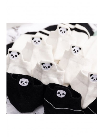 Kadın  Siyah + Beyaz Panda Desenli Nakışlı Patik Çorap 10 Çift