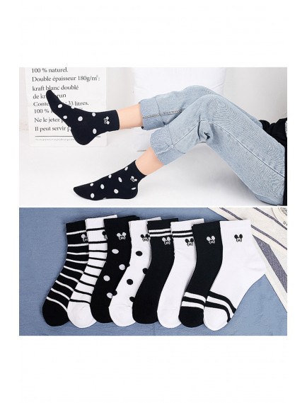 8 Çift Çok Renkli Mouse Desenli Çizgili Pamuklu Kolej Tenis Çorap