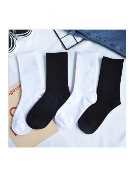 4 Çift Paket Siyah Beyaz Çizgisiz Pamuklu Kolej Tenis Çorabı