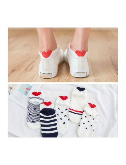 5 Çift Dikişsiz Çok Renkli Kalp Desenli Kadın Patik Çorap