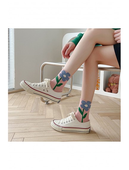 5 Çift Sevimli 3 Boyutlu Çok Renkli Çiçek Desenli Kadın Soket Çorap Yıkanmış Kokulu