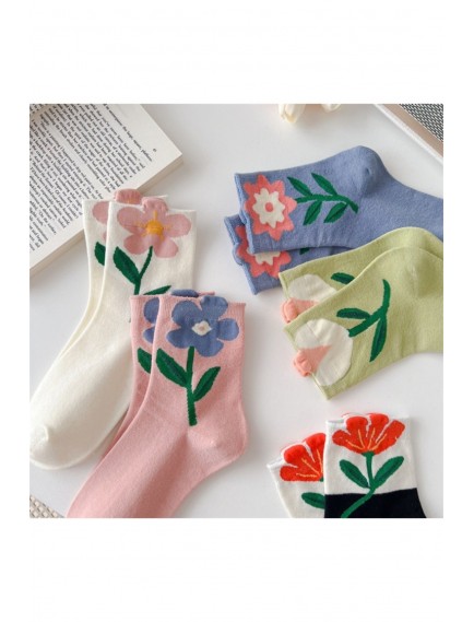 5 Çift Sevimli 3 Boyutlu Çok Renkli Çiçek Desenli Kadın Soket Çorap Yıkanmış Kokulu