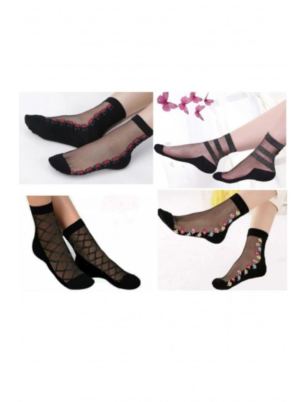 Kadın Desenli Siyah Tül Çorap 12 Çift