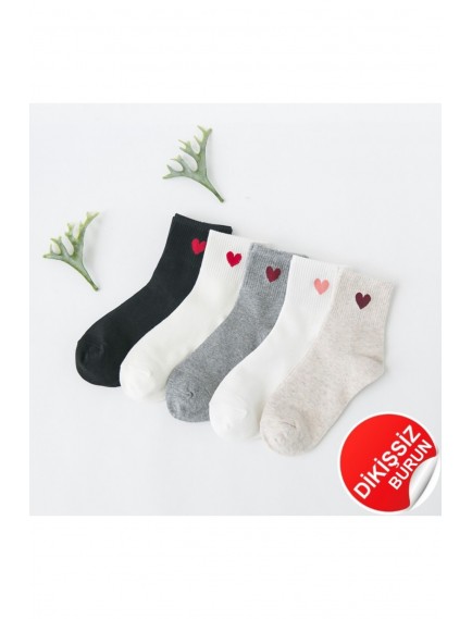 5 Çift Çok Renkli Kalp Desenli Yarım Konç Kadın Çorap