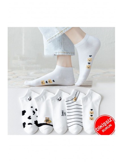 5 Çift Panda / Inek Desenli Beyaz Desenli Kadın Patik Çorap